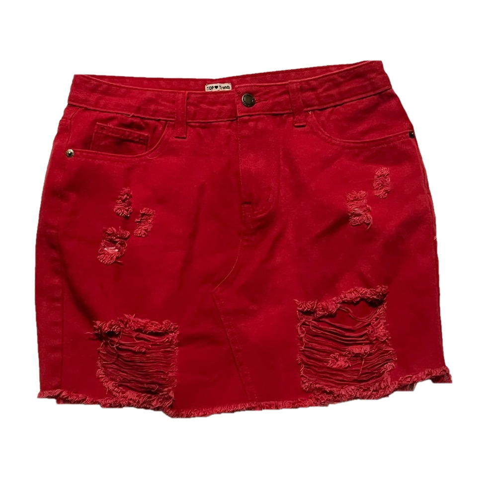 Top Trends Women’s Red Distressed Jean Skirt
